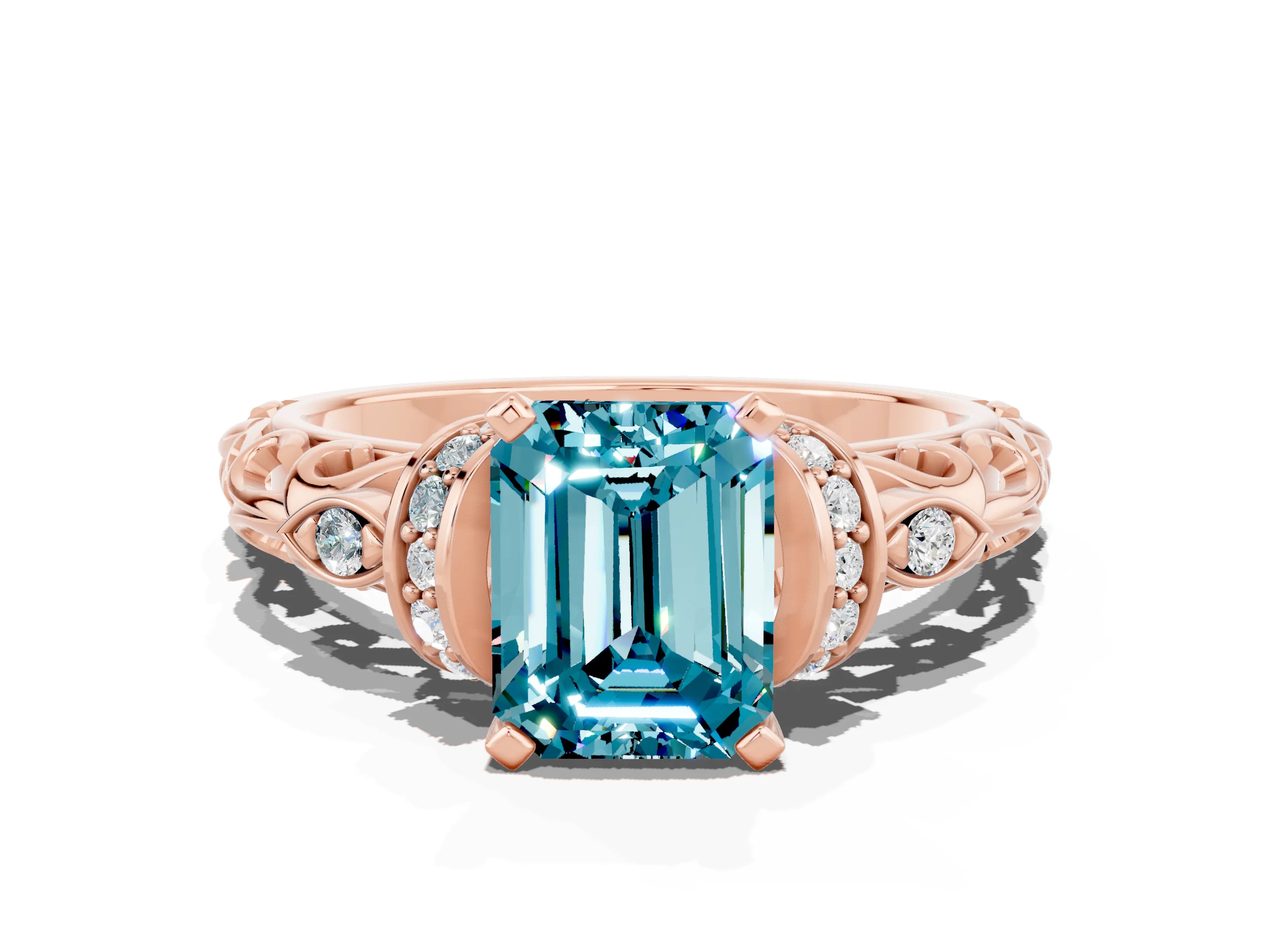 Rose gold Emerald Cut Blue Topaz Solitaire Ring with Filigree Band and Four-Prong Setting_24