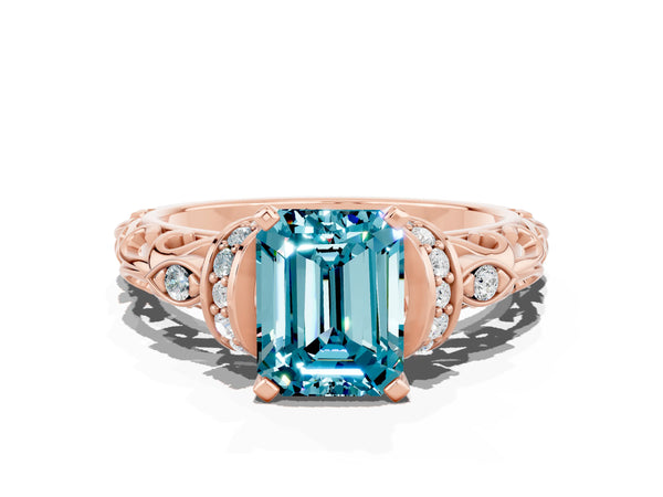 Rose gold Emerald Cut Blue Topaz Solitaire Ring with Filigree Band and Four-Prong Setting