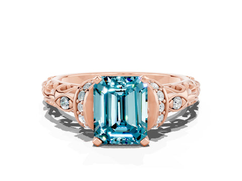 Rose gold Emerald Cut Blue Topaz Solitaire Ring with Filigree Band and Four-Prong Setting_24