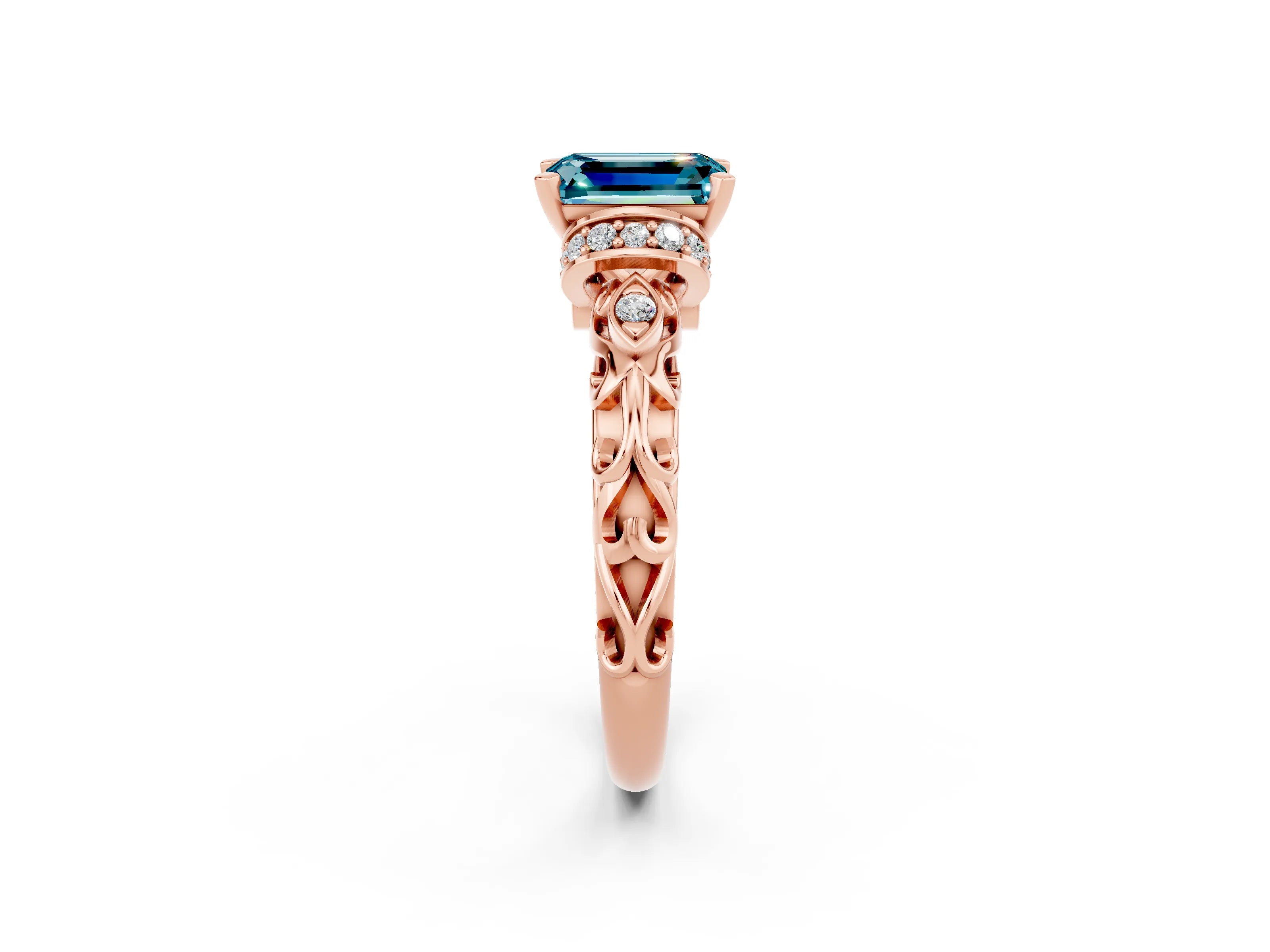 Rose gold Emerald Cut Blue Topaz Solitaire Ring with Filigree Band and Four-Prong Setting_26