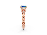 Rose gold Emerald Cut Blue Topaz Solitaire Ring with Filigree Band and Four-Prong Setting_26