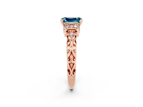 Rose gold Emerald Cut Blue Topaz Solitaire Ring with Filigree Band and Four-Prong Setting