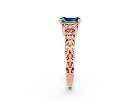 Rose gold Emerald Cut Blue Topaz Solitaire Ring with Filigree Band and Four-Prong Setting_26