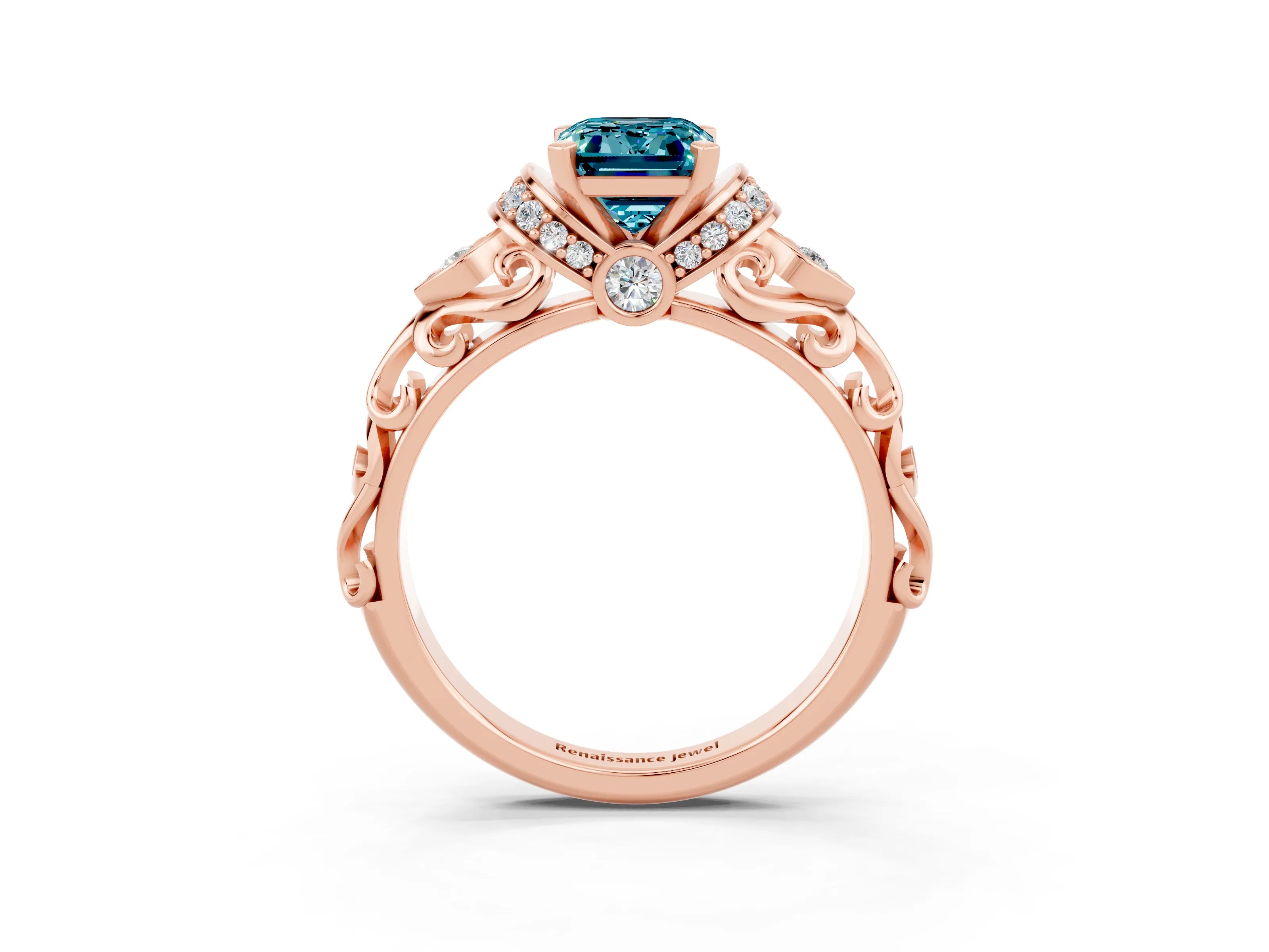 Rose gold Emerald Cut Blue Topaz Solitaire Ring with Filigree Band and Four-Prong Setting_27