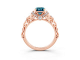 Rose gold Emerald Cut Blue Topaz Solitaire Ring with Filigree Band and Four-Prong Setting_27