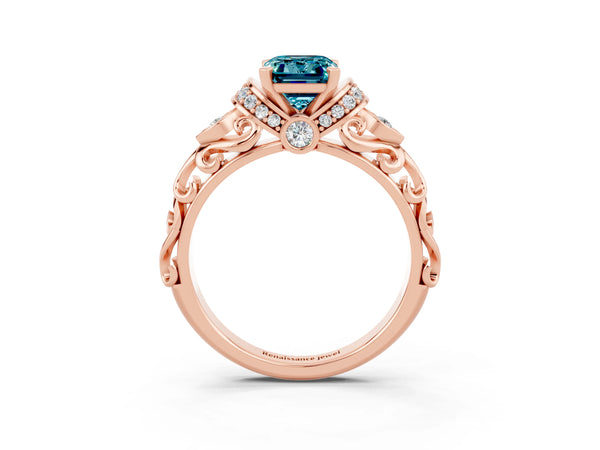 Rose gold Emerald Cut Blue Topaz Solitaire Ring with Filigree Band and Four-Prong Setting