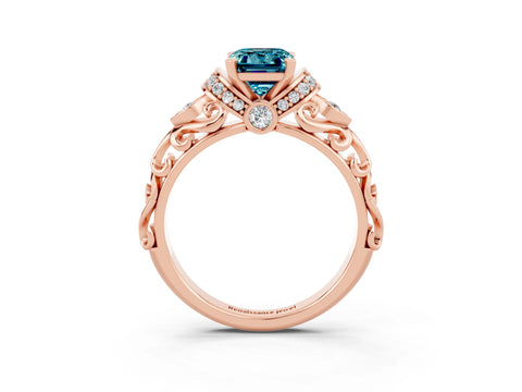 Rose gold Emerald Cut Blue Topaz Solitaire Ring with Filigree Band and Four-Prong Setting_27
