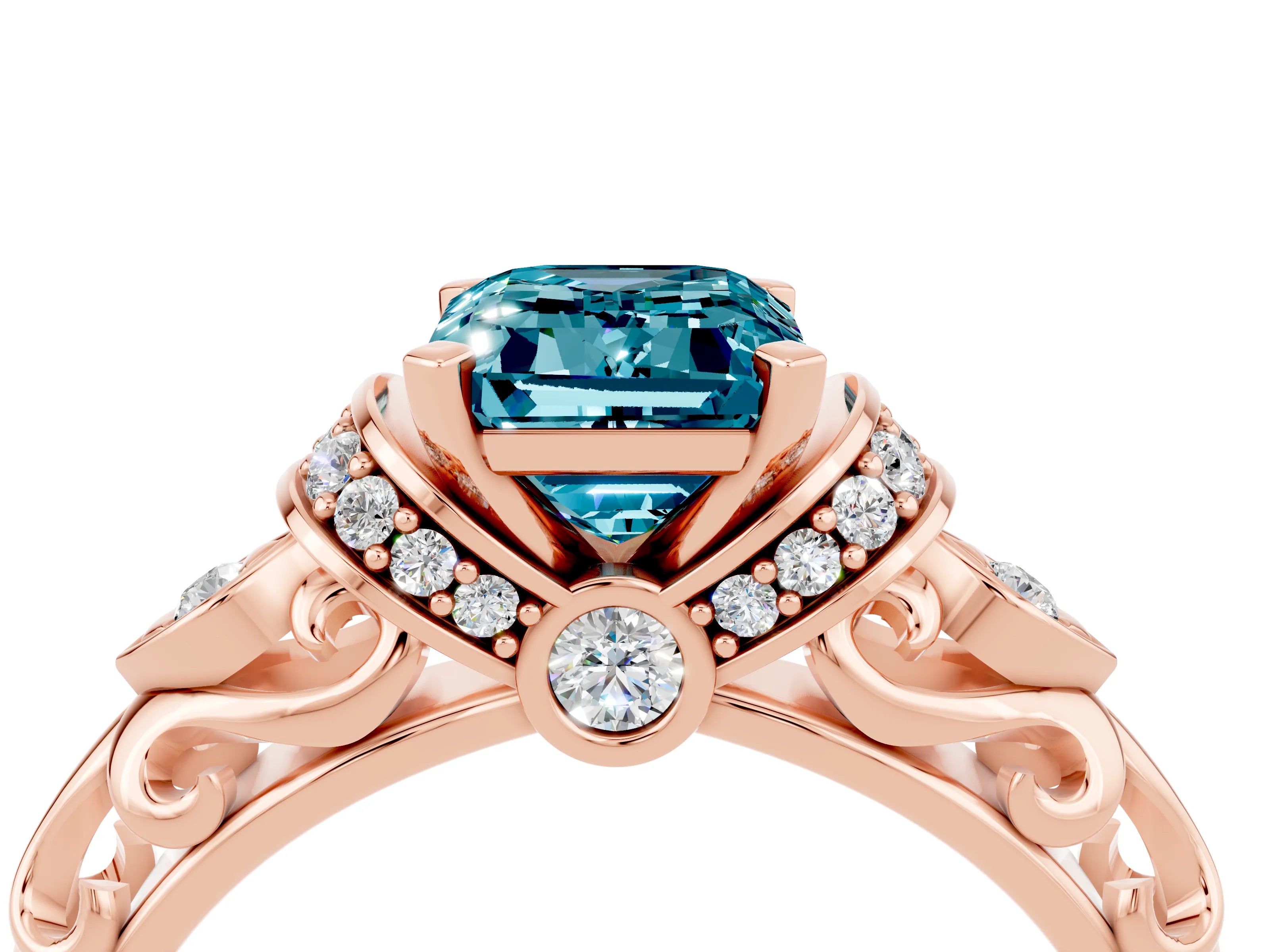 Rose gold Emerald Cut Blue Topaz Solitaire Ring with Filigree Band and Four-Prong Setting_28