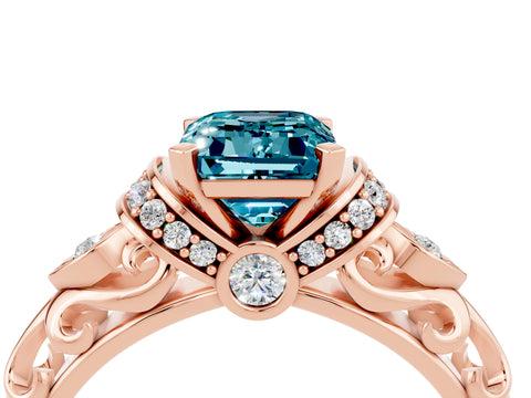 Rose gold Emerald Cut Blue Topaz Solitaire Ring with Filigree Band and Four-Prong Setting_28