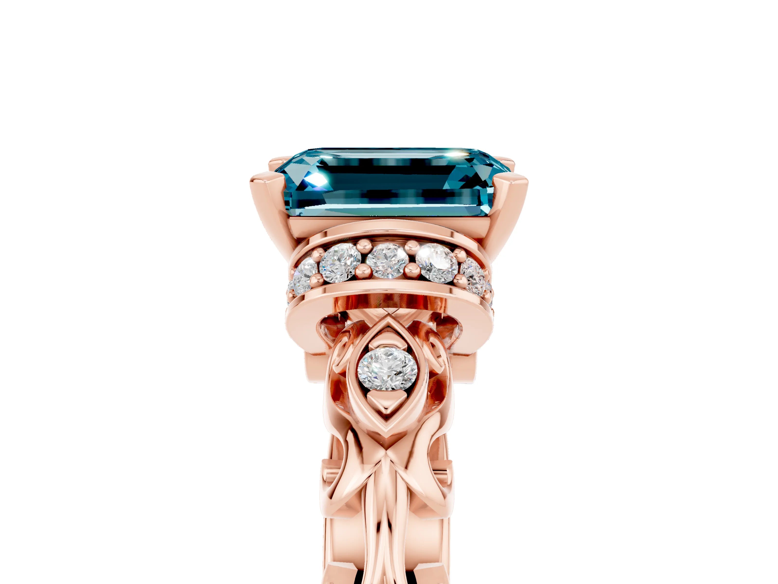 Rose gold Emerald Cut Blue Topaz Solitaire Ring with Filigree Band and Four-Prong Setting_29