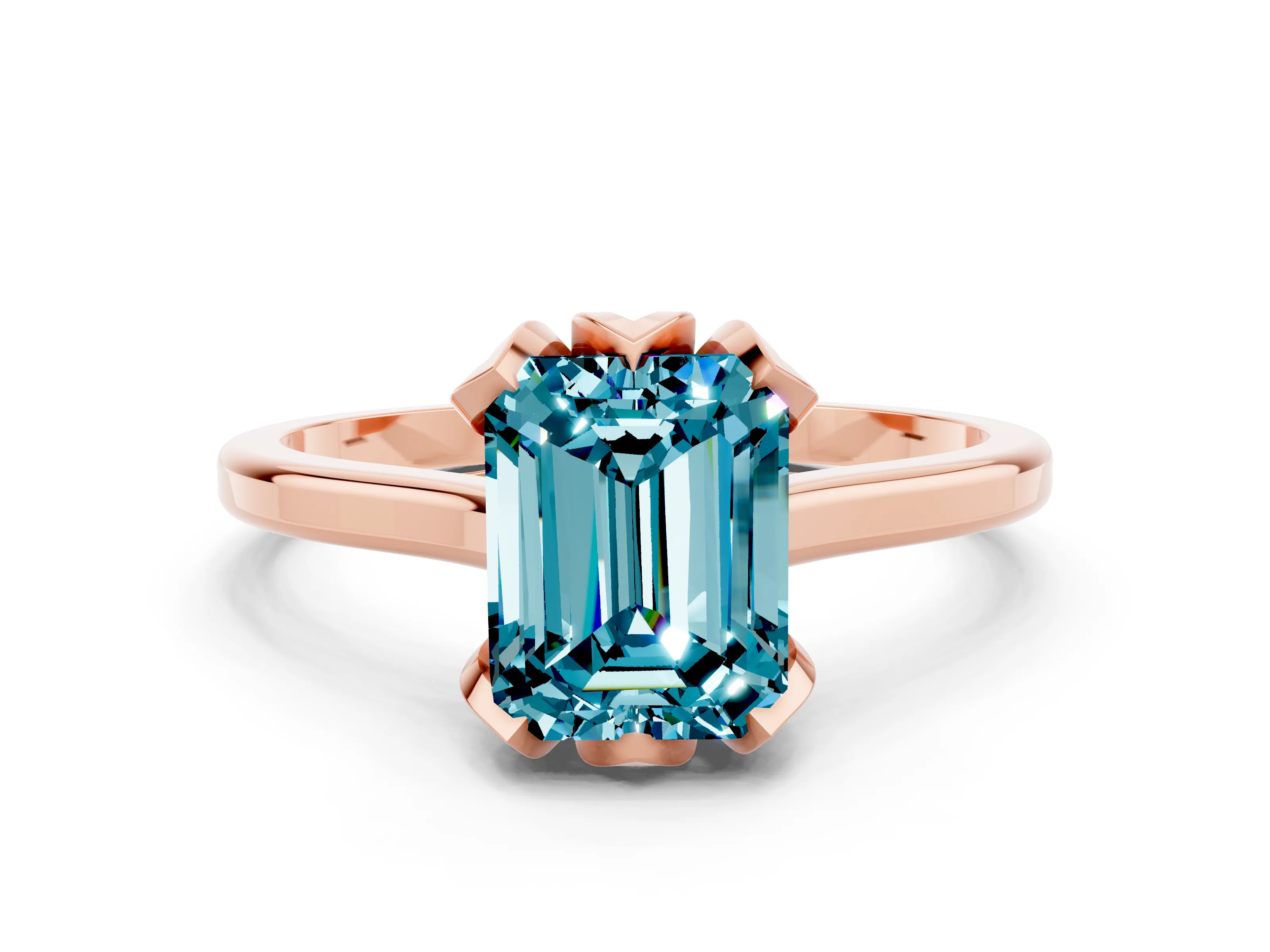 Rose gold Emerald Cut Blue Topaz Solitaire Ring with Flower Prong Setting and Classic Band_12