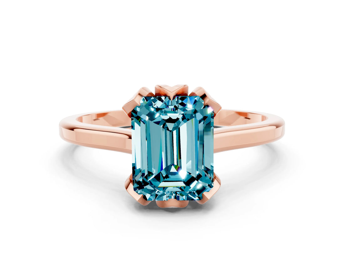 Rose gold Emerald Cut Blue Topaz Solitaire Ring with Flower Prong Setting and Classic Band_12