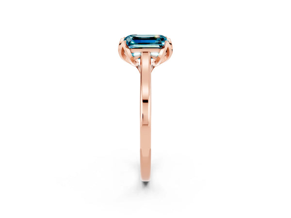 Rose gold Emerald Cut Blue Topaz Solitaire Ring with Flower Prong Setting and Classic Band