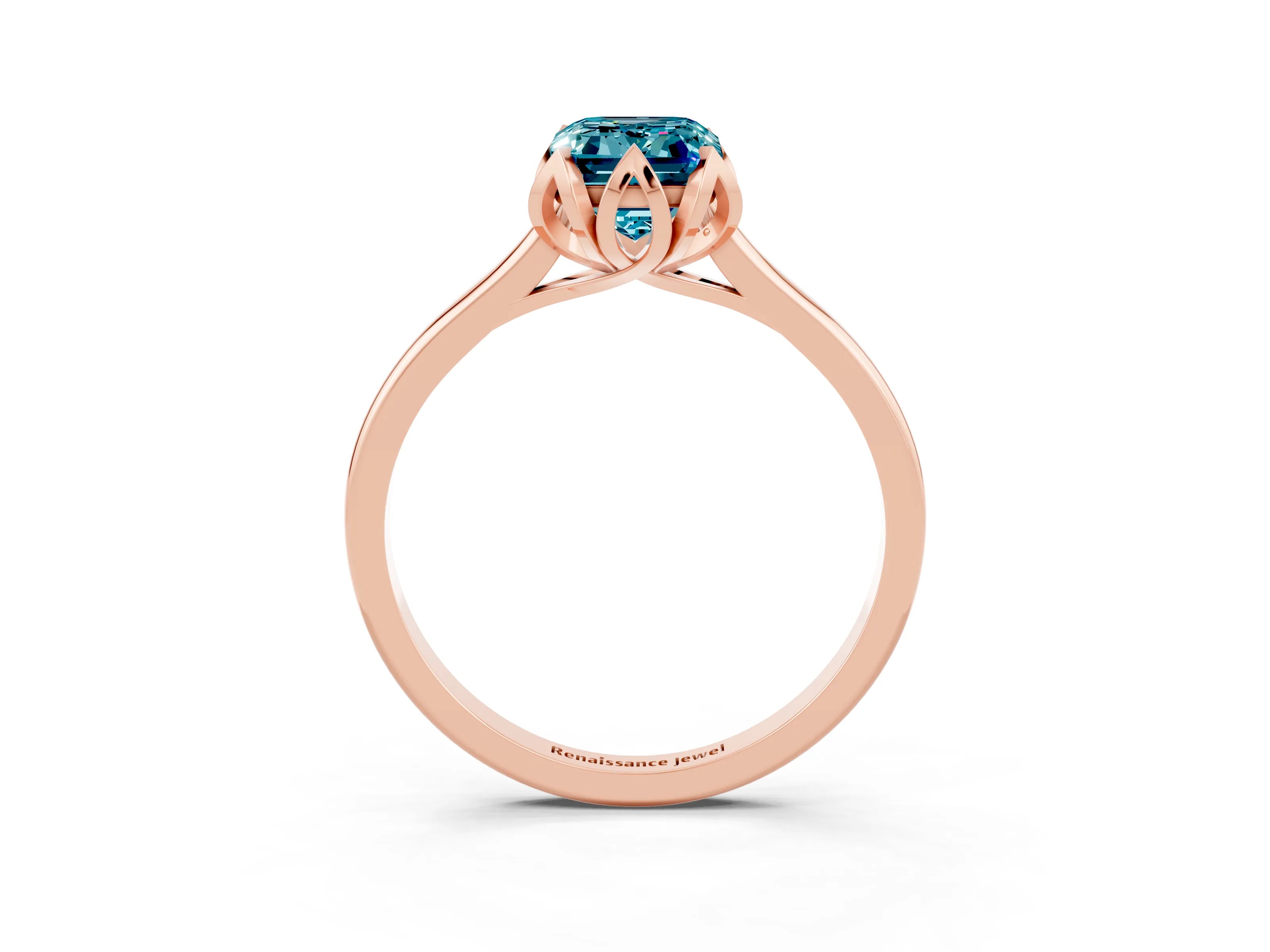 Rose gold Emerald Cut Blue Topaz Solitaire Ring with Flower Prong Setting and Classic Band_15