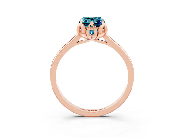 Rose gold Emerald Cut Blue Topaz Solitaire Ring with Flower Prong Setting and Classic Band