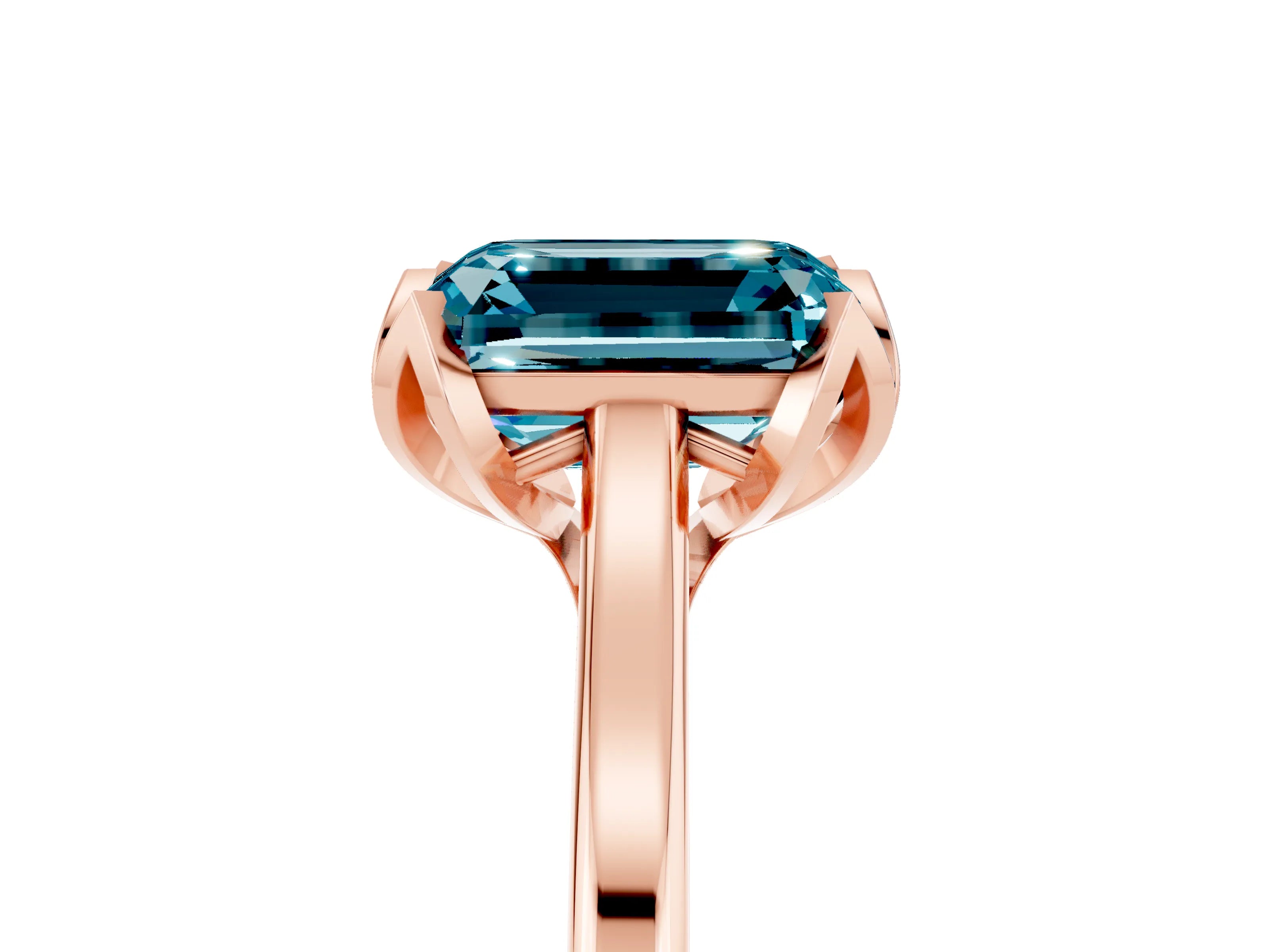 Rose gold Emerald Cut Blue Topaz Solitaire Ring with Flower Prong Setting and Classic Band_17