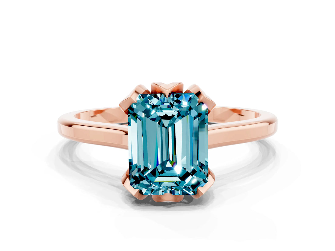 Rose gold Emerald Cut Blue Topaz Solitaire Ring with Flower Prong Setting and Classic Band_36