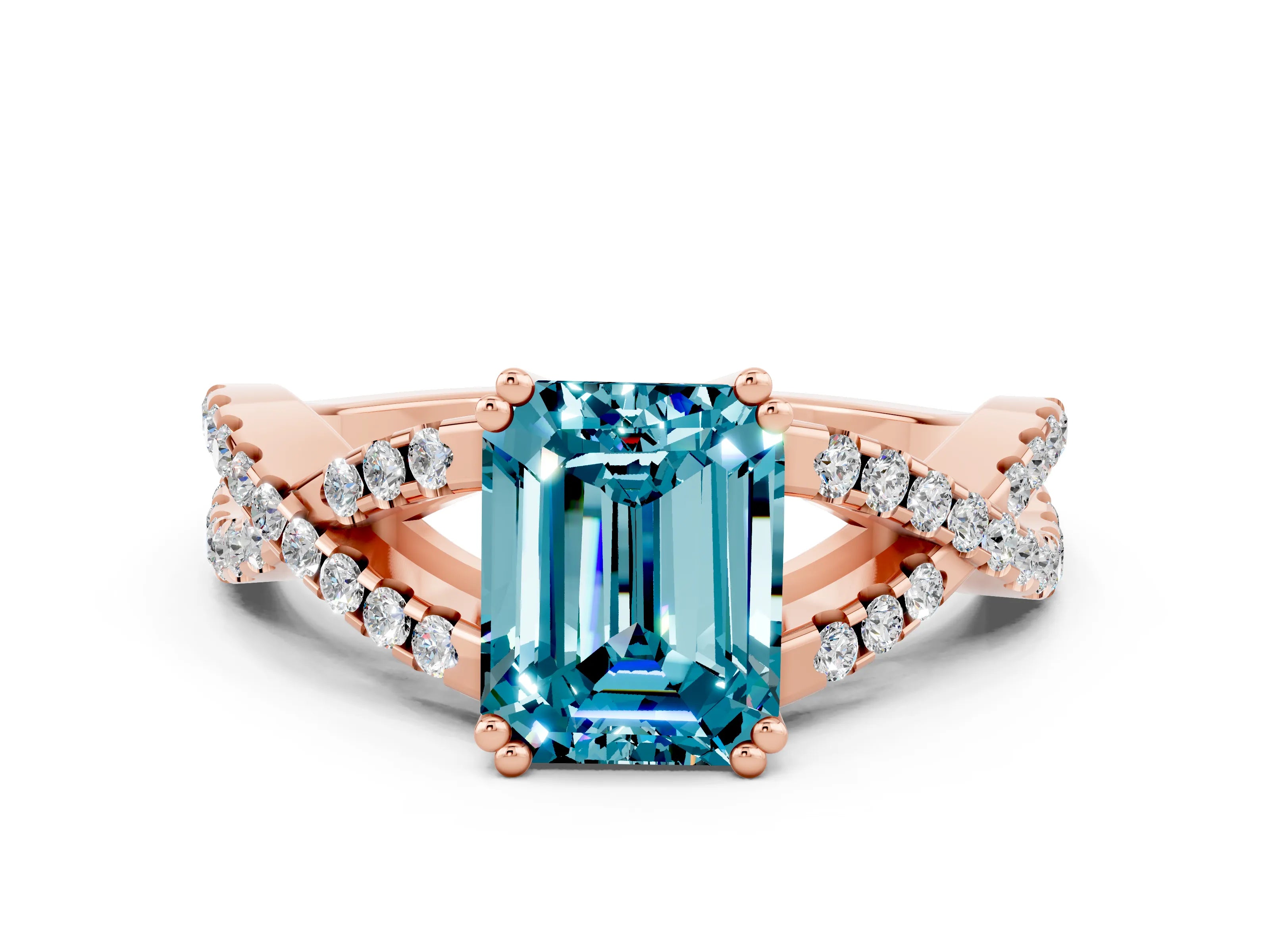 Rose gold Emerald Cut Blue Topaz Solitaire Ring with Four-Prong Setting and Twisted Pavé Band