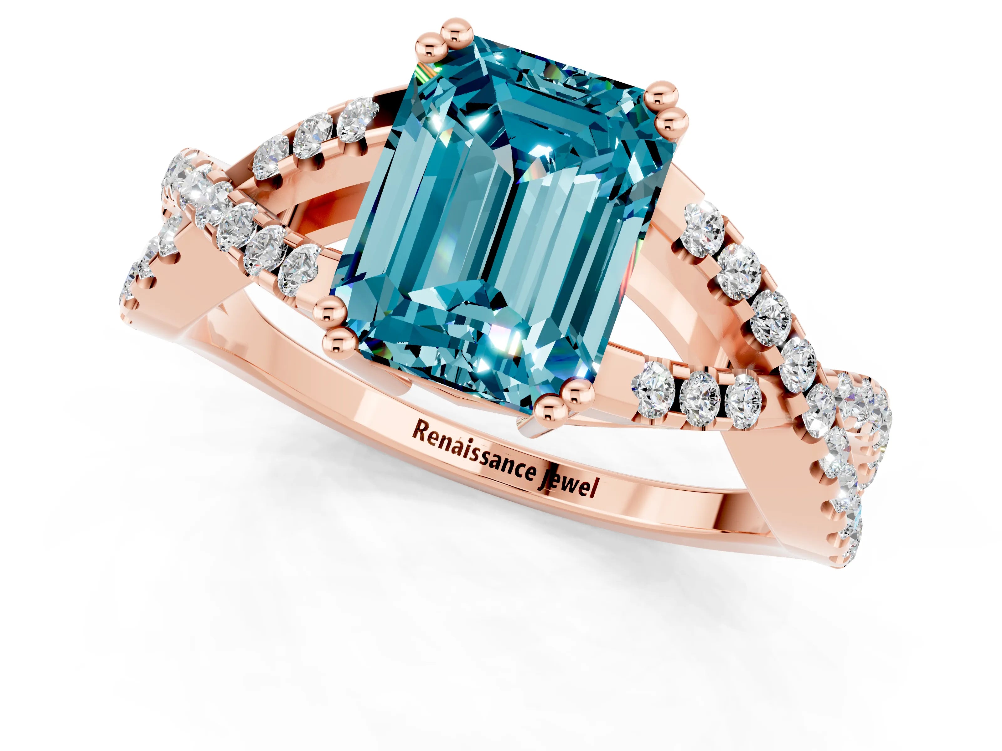 Rose gold Emerald Cut Blue Topaz Solitaire Ring with Four-Prong Setting and Twisted Pavé Band_1