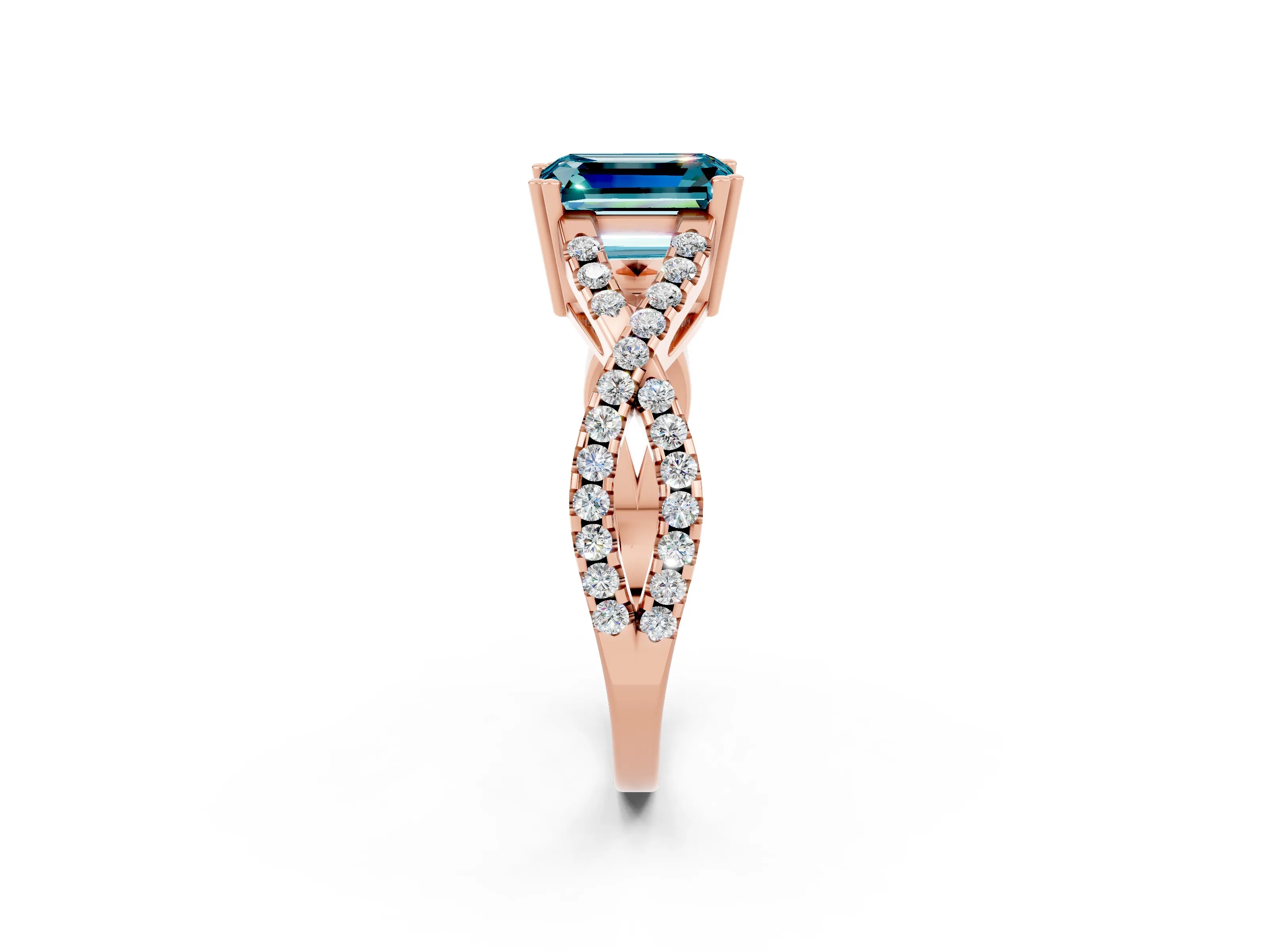 Rose gold Emerald Cut Blue Topaz Solitaire Ring with Four-Prong Setting and Twisted Pavé Band_2