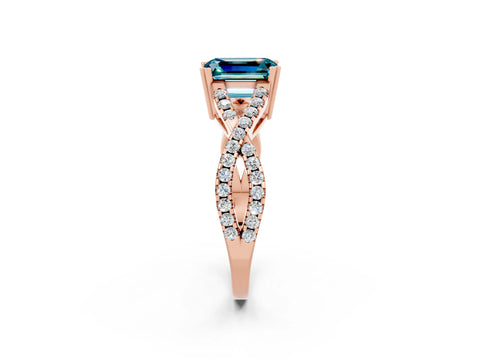 Rose gold Emerald Cut Blue Topaz Solitaire Ring with Four-Prong Setting and Twisted Pavé Band_2