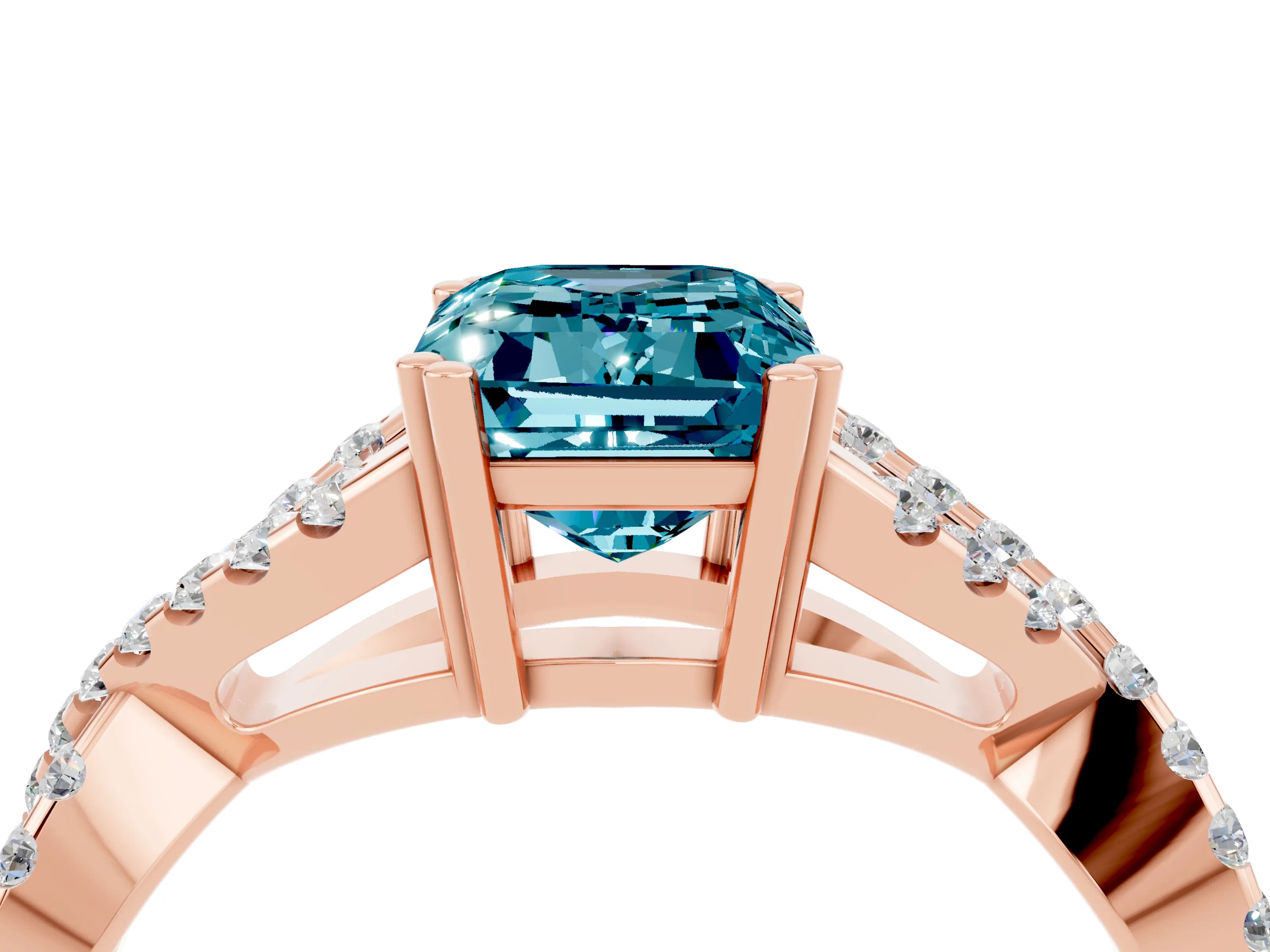 Rose gold Emerald Cut Blue Topaz Solitaire Ring with Four-Prong Setting and Twisted Pavé Band_4
