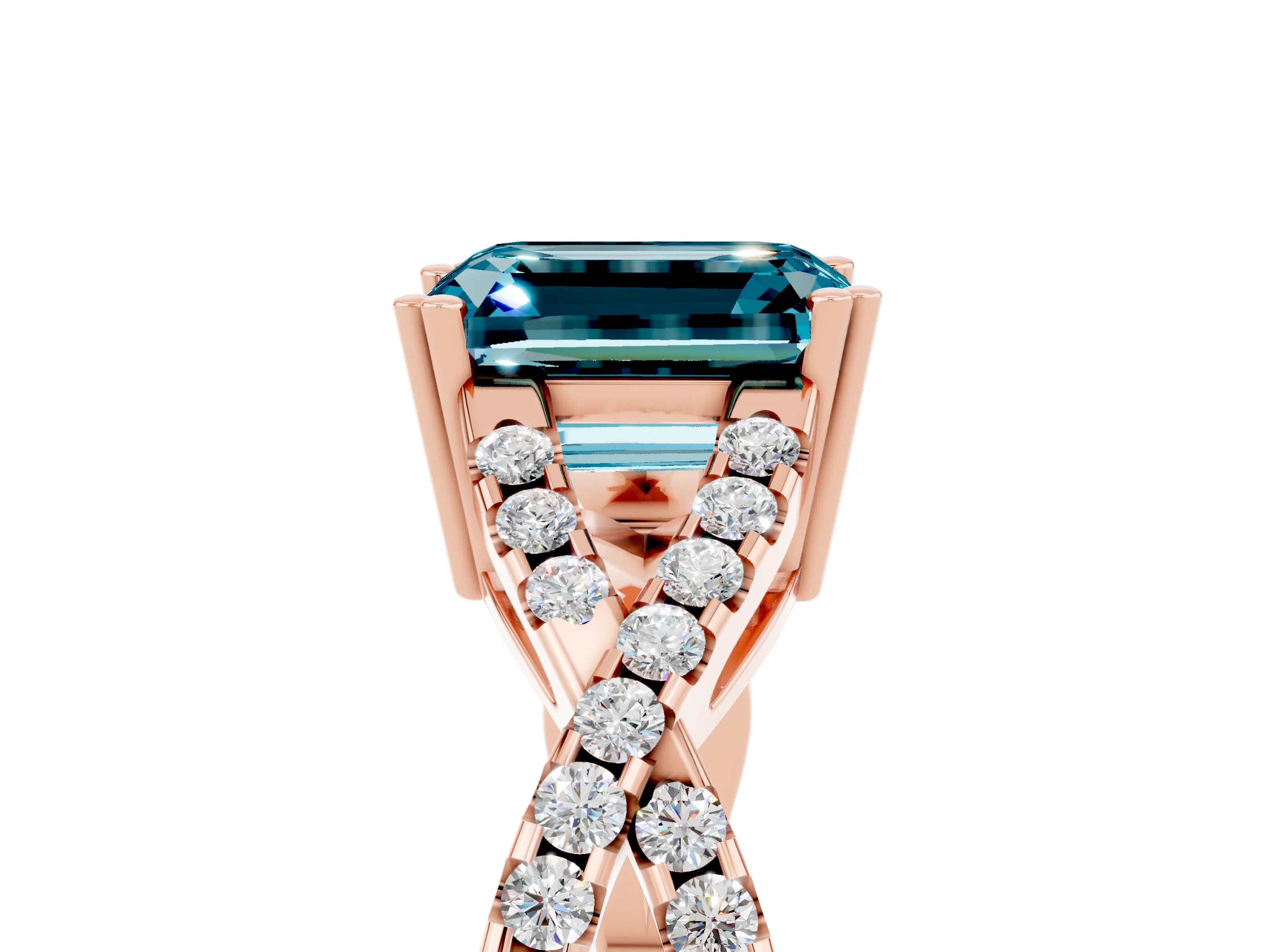 Rose gold Emerald Cut Blue Topaz Solitaire Ring with Four-Prong Setting and Twisted Pavé Band_5