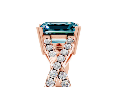 Rose gold Emerald Cut Blue Topaz Solitaire Ring with Four-Prong Setting and Twisted Pavé Band_5