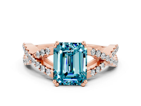Rose gold Emerald Cut Blue Topaz Solitaire Ring with Four-Prong Setting and Twisted Pavé Band