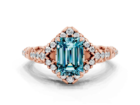 Rose gold Emerald Cut Blue Topaz Solitaire Ring with Hidden Halo and Pavé Band_12