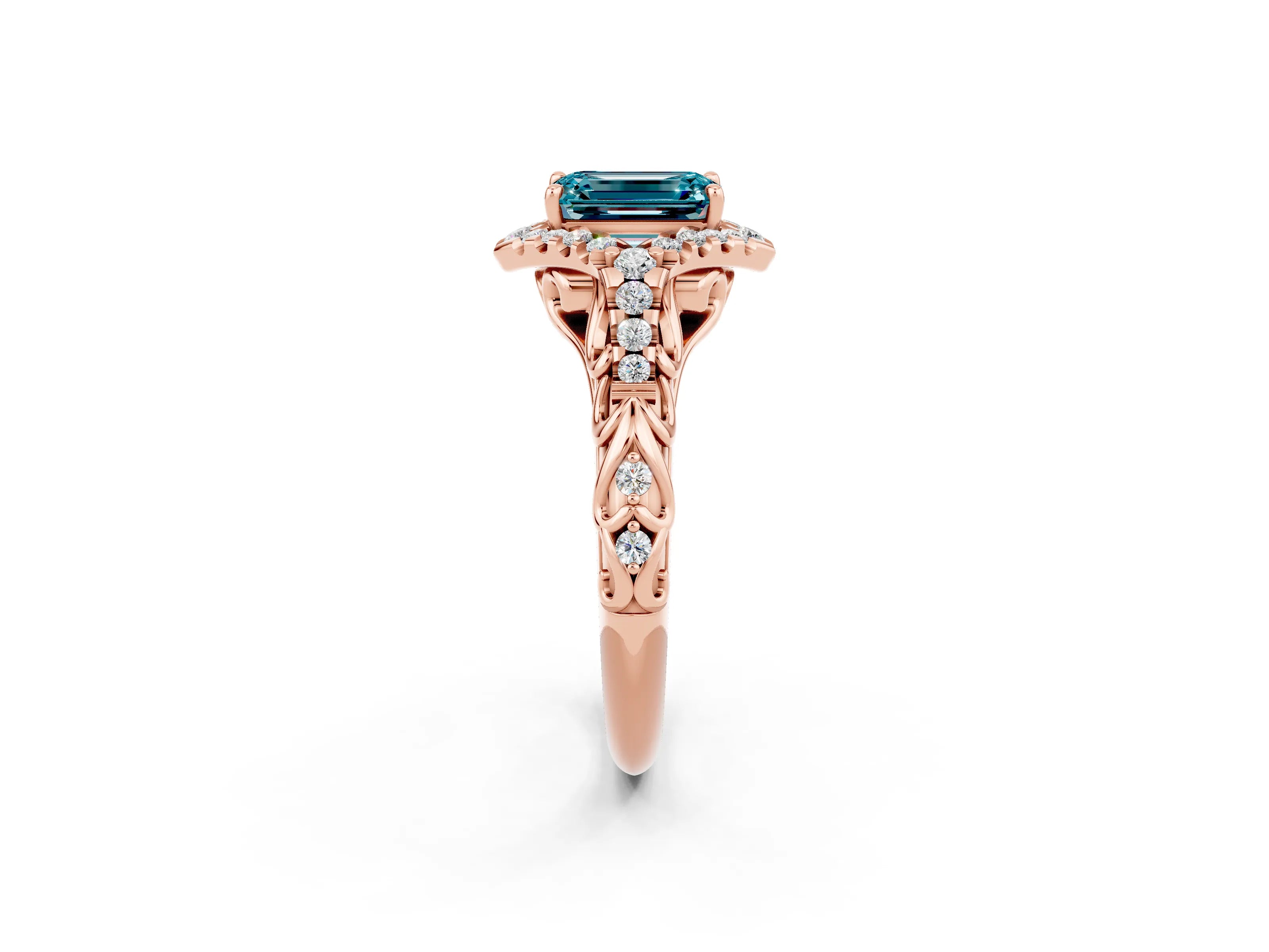 Rose gold Emerald Cut Blue Topaz Solitaire Ring with Hidden Halo and Pavé Band_14