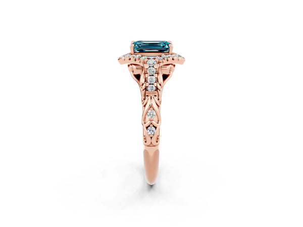 Rose gold Emerald Cut Blue Topaz Solitaire Ring with Hidden Halo and Pavé Band