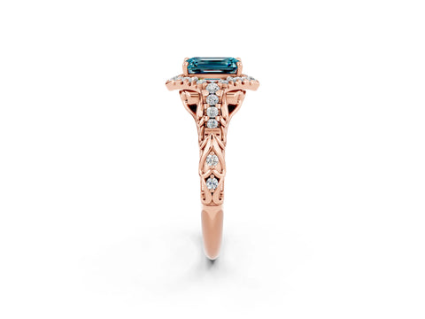 Rose gold Emerald Cut Blue Topaz Solitaire Ring with Hidden Halo and Pavé Band_14