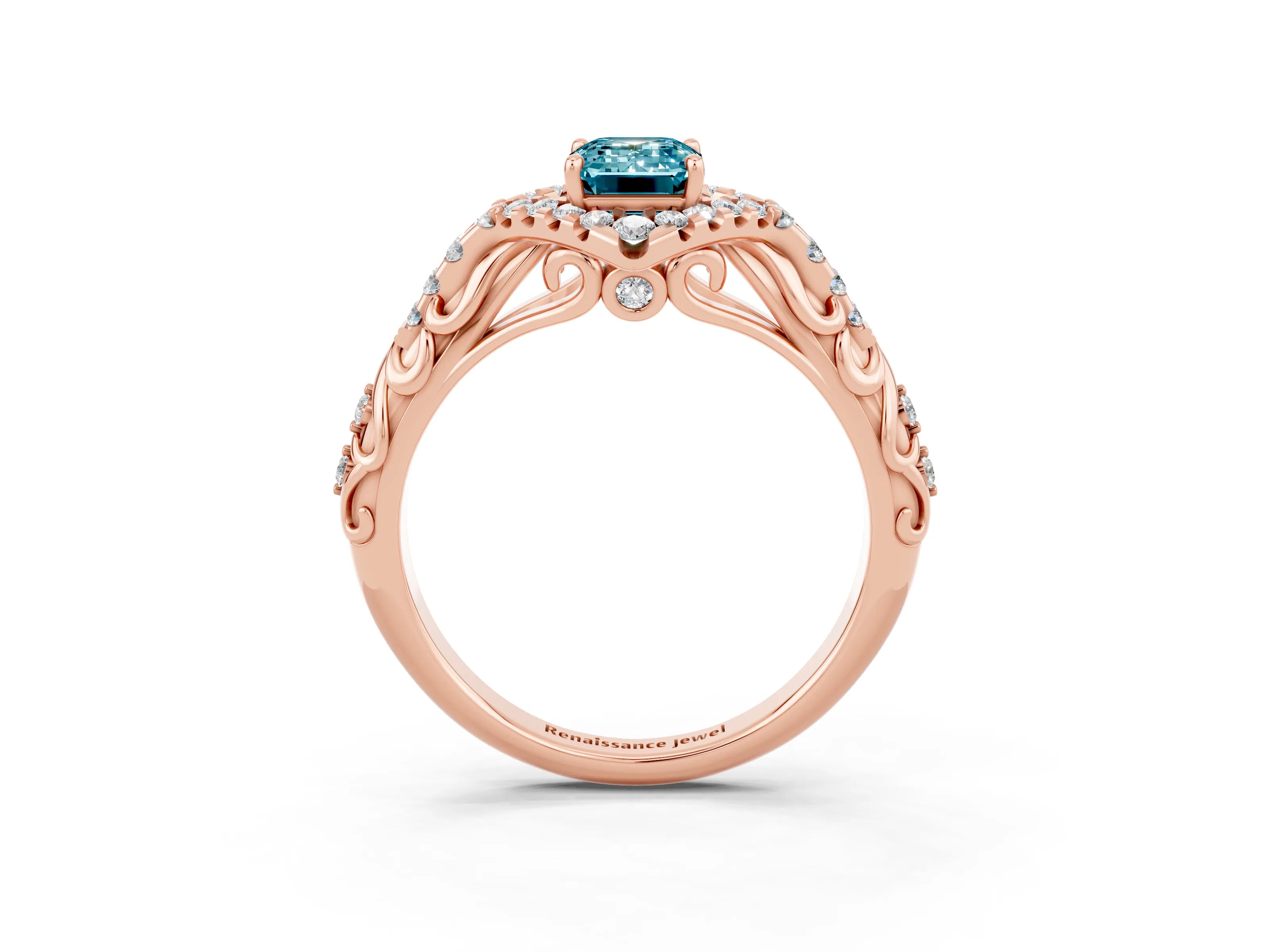 Rose gold Emerald Cut Blue Topaz Solitaire Ring with Hidden Halo and Pavé Band_15
