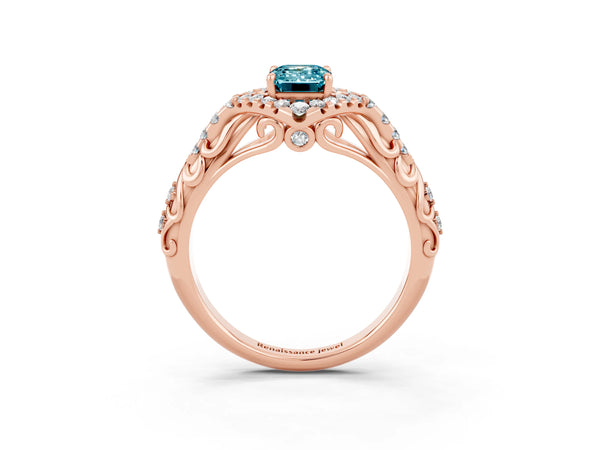 Rose gold Emerald Cut Blue Topaz Solitaire Ring with Hidden Halo and Pavé Band