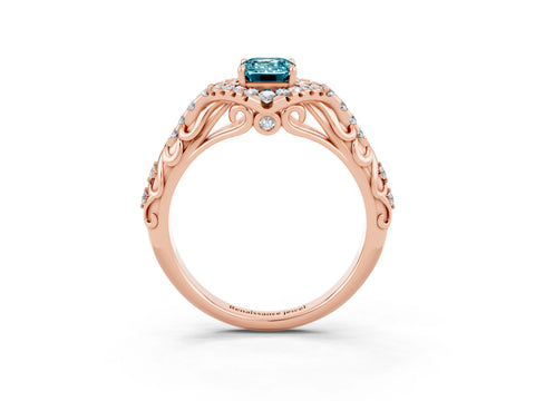 Rose gold Emerald Cut Blue Topaz Solitaire Ring with Hidden Halo and Pavé Band_15