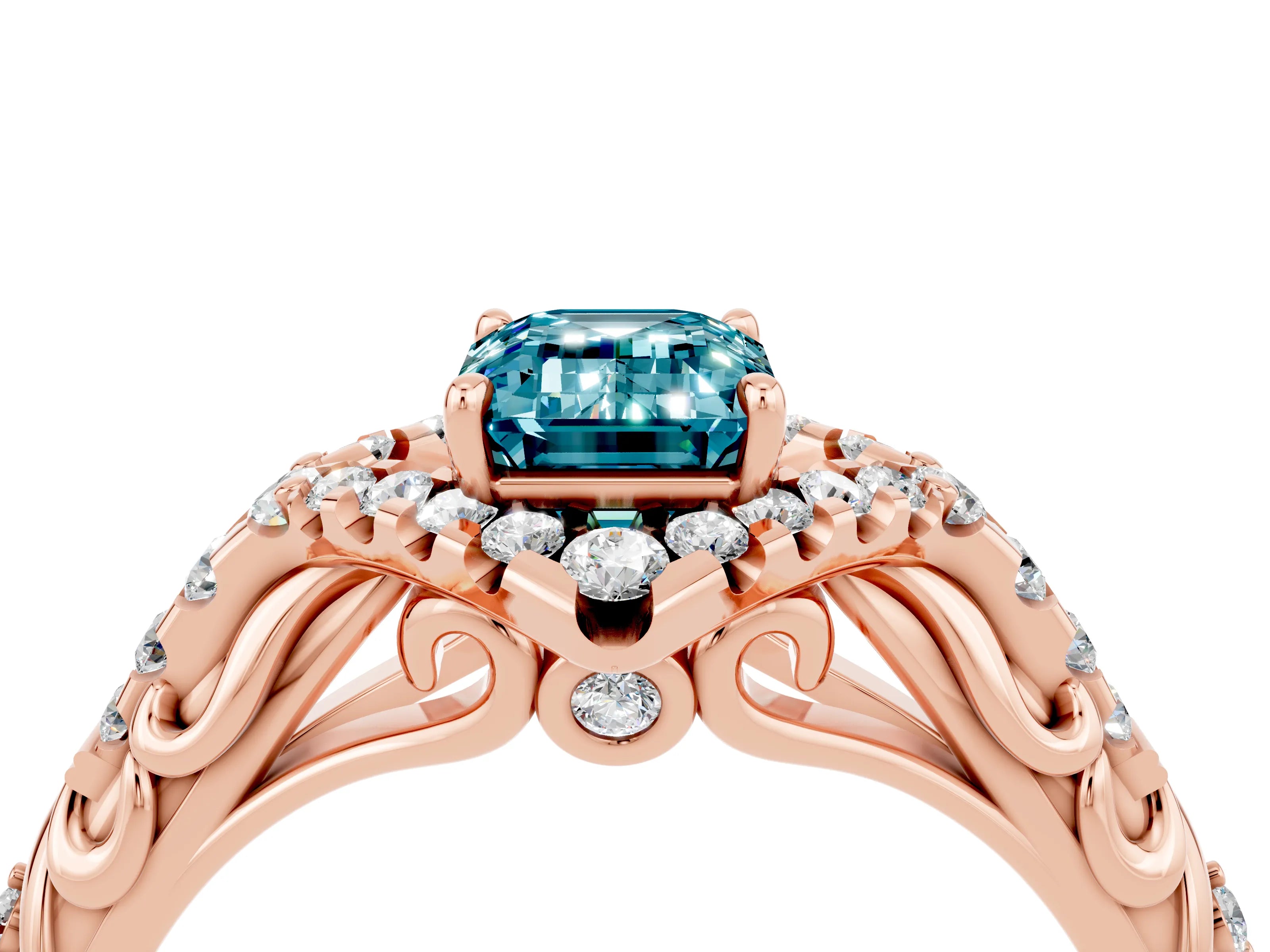 Rose gold Emerald Cut Blue Topaz Solitaire Ring with Hidden Halo and Pavé Band_16