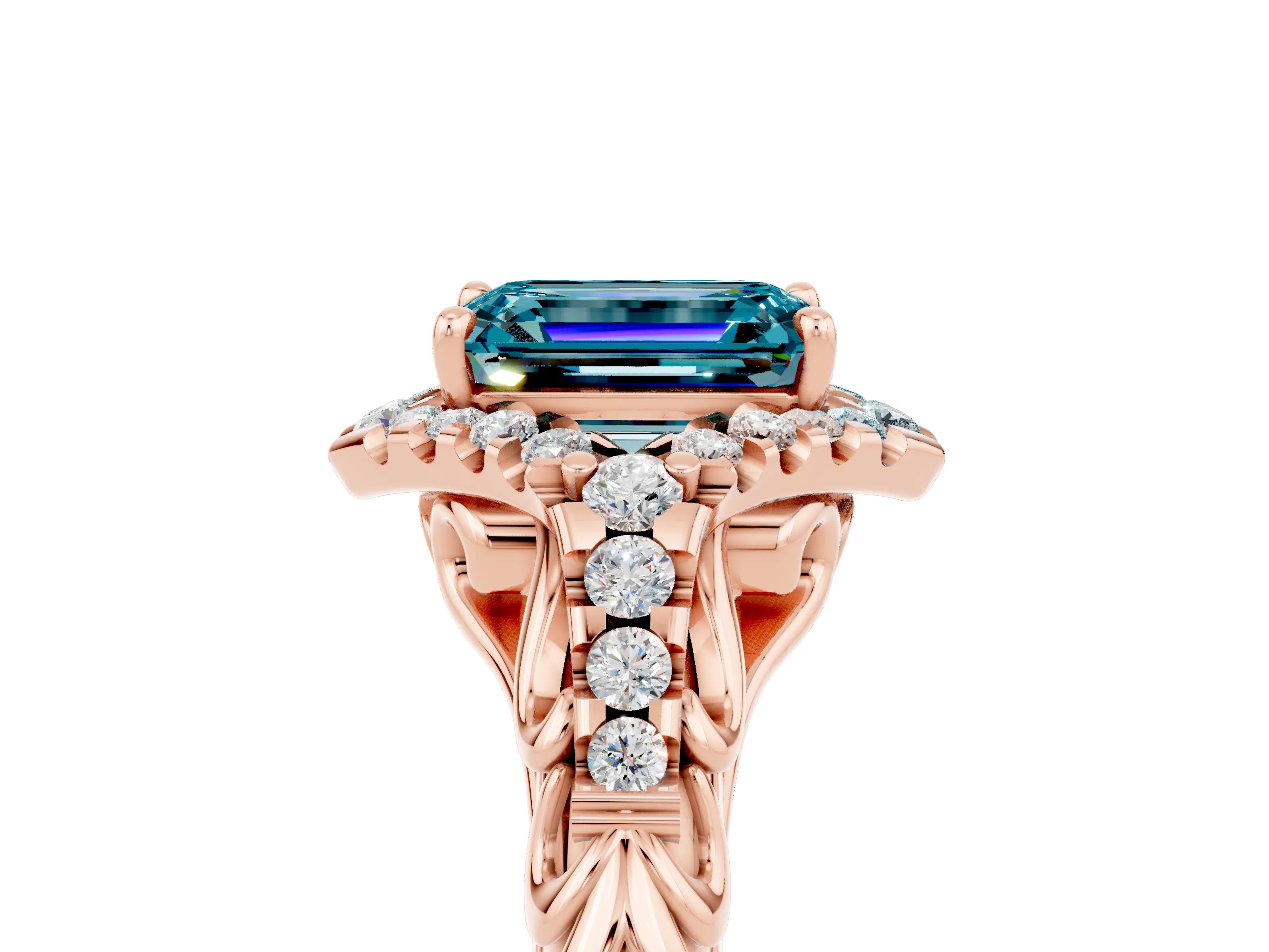 Rose gold Emerald Cut Blue Topaz Solitaire Ring with Hidden Halo and Pavé Band_17