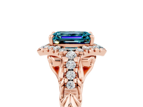 Rose gold Emerald Cut Blue Topaz Solitaire Ring with Hidden Halo and Pavé Band_17