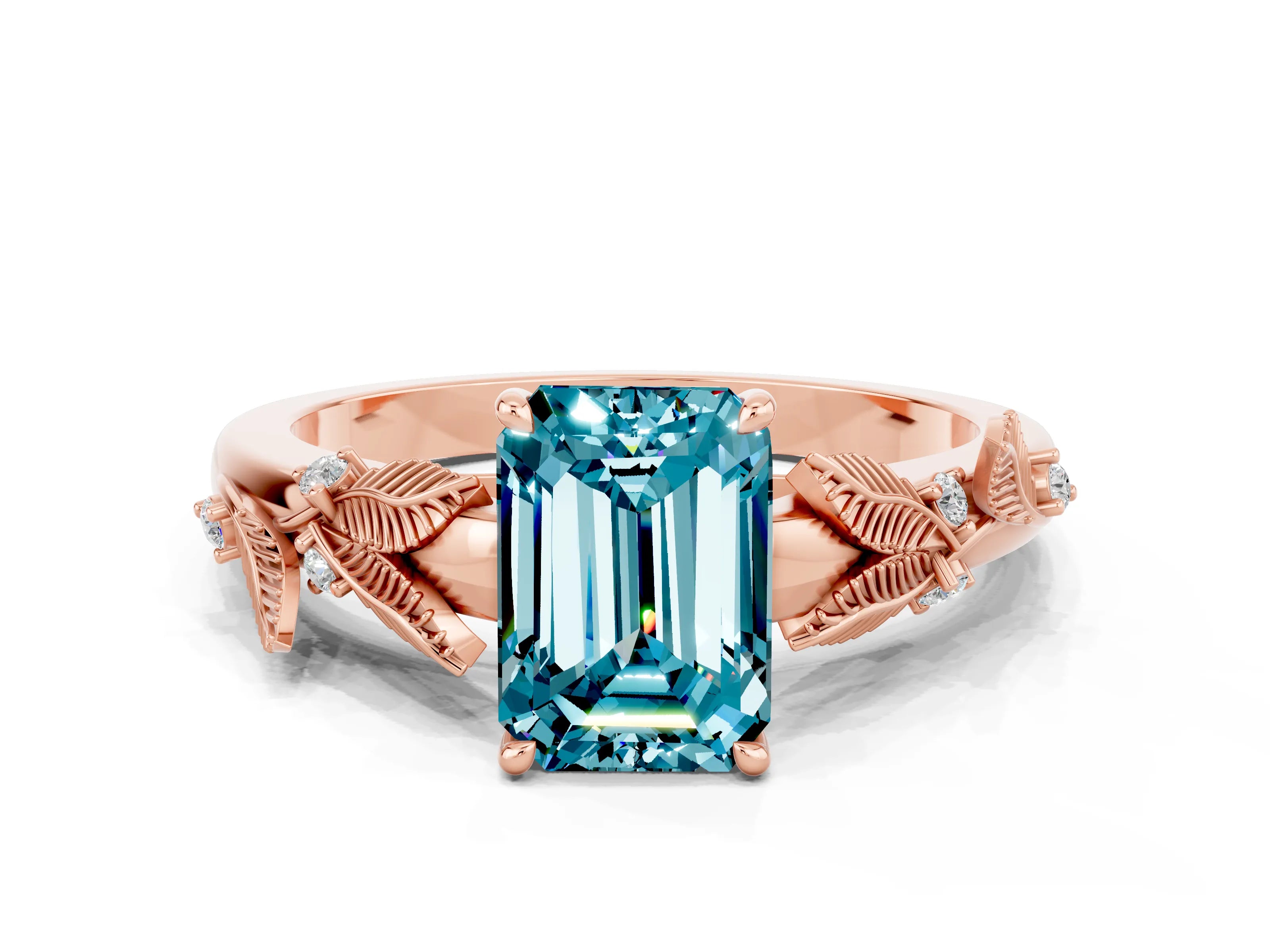 Rose gold Emerald Cut Blue Topaz Solitaire Ring with Leaf Motif Band and Four-Prong Setting