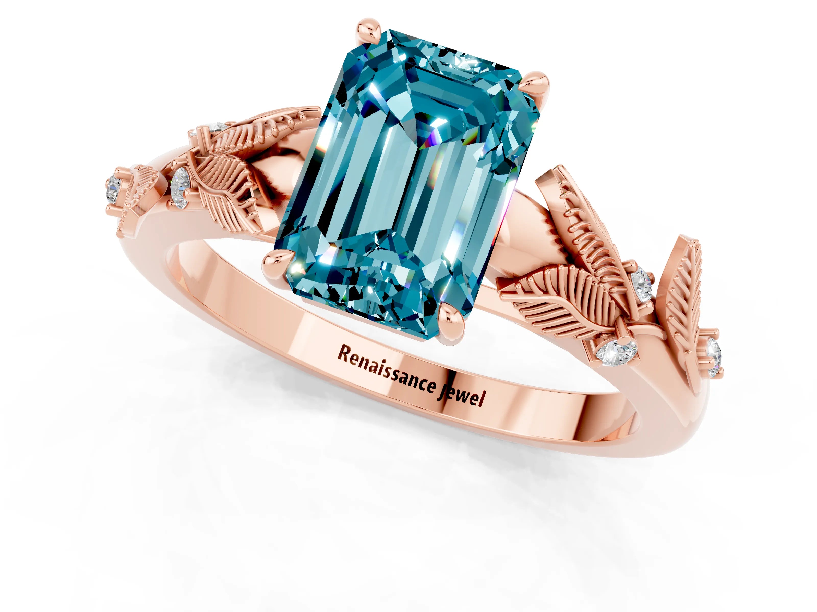 Rose gold Emerald Cut Blue Topaz Solitaire Ring with Leaf Motif Band and Four-Prong Setting_1
