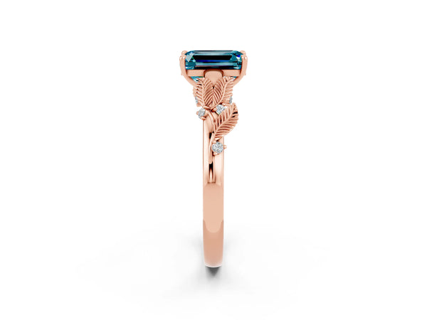 Rose gold Emerald Cut Blue Topaz Solitaire Ring with Leaf Motif Band and Four-Prong Setting