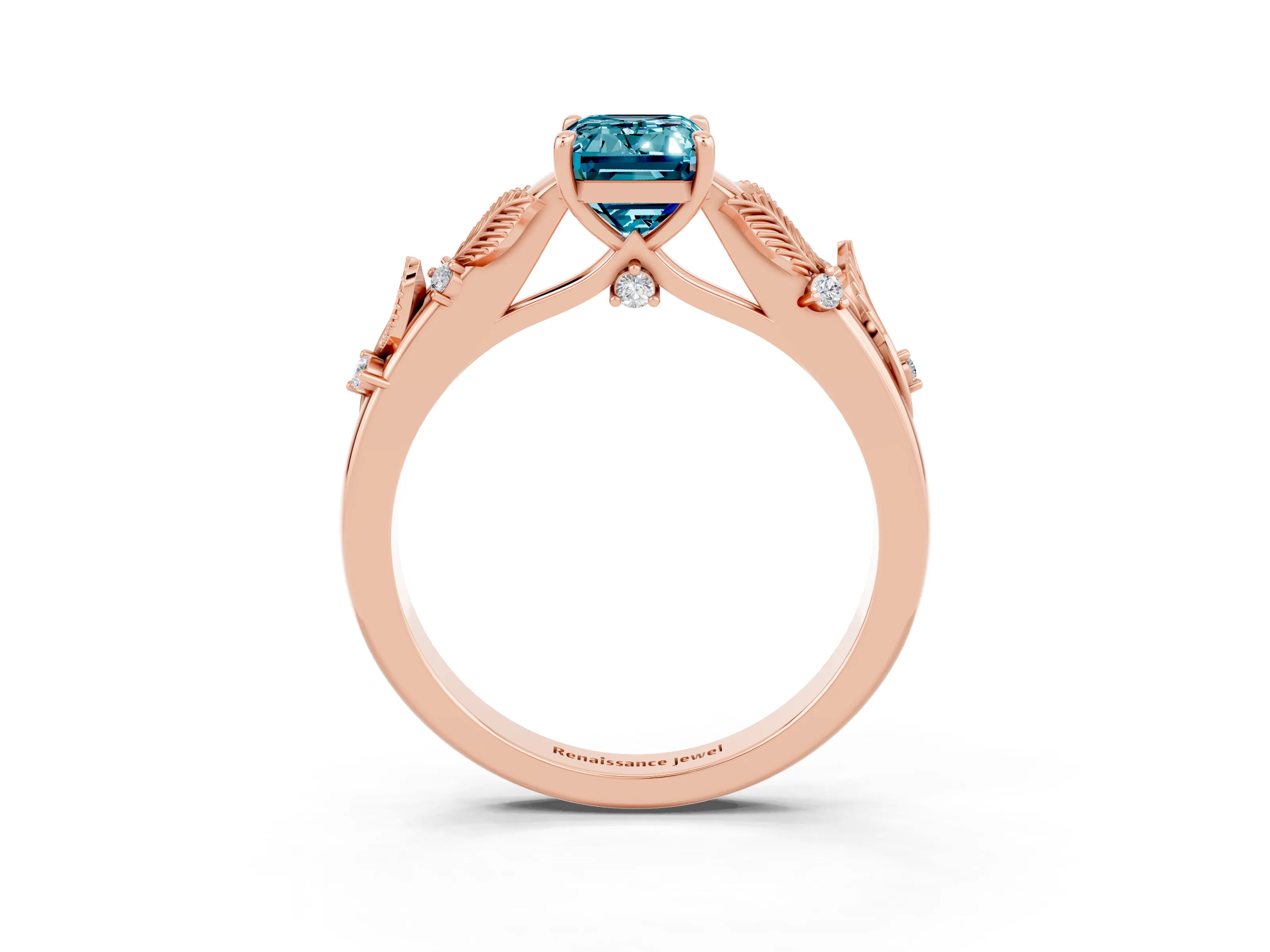Rose gold Emerald Cut Blue Topaz Solitaire Ring with Leaf Motif Band and Four-Prong Setting_3