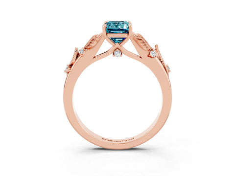 Rose gold Emerald Cut Blue Topaz Solitaire Ring with Leaf Motif Band and Four-Prong Setting_3
