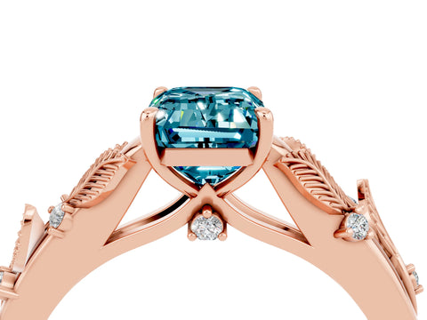 Rose gold Emerald Cut Blue Topaz Solitaire Ring with Leaf Motif Band and Four-Prong Setting_4