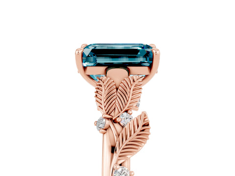 Rose gold Emerald Cut Blue Topaz Solitaire Ring with Leaf Motif Band and Four-Prong Setting_5