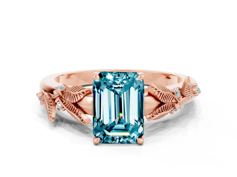 Rose gold Emerald Cut Blue Topaz Solitaire Ring with Leaf Motif Band and Four-Prong Setting