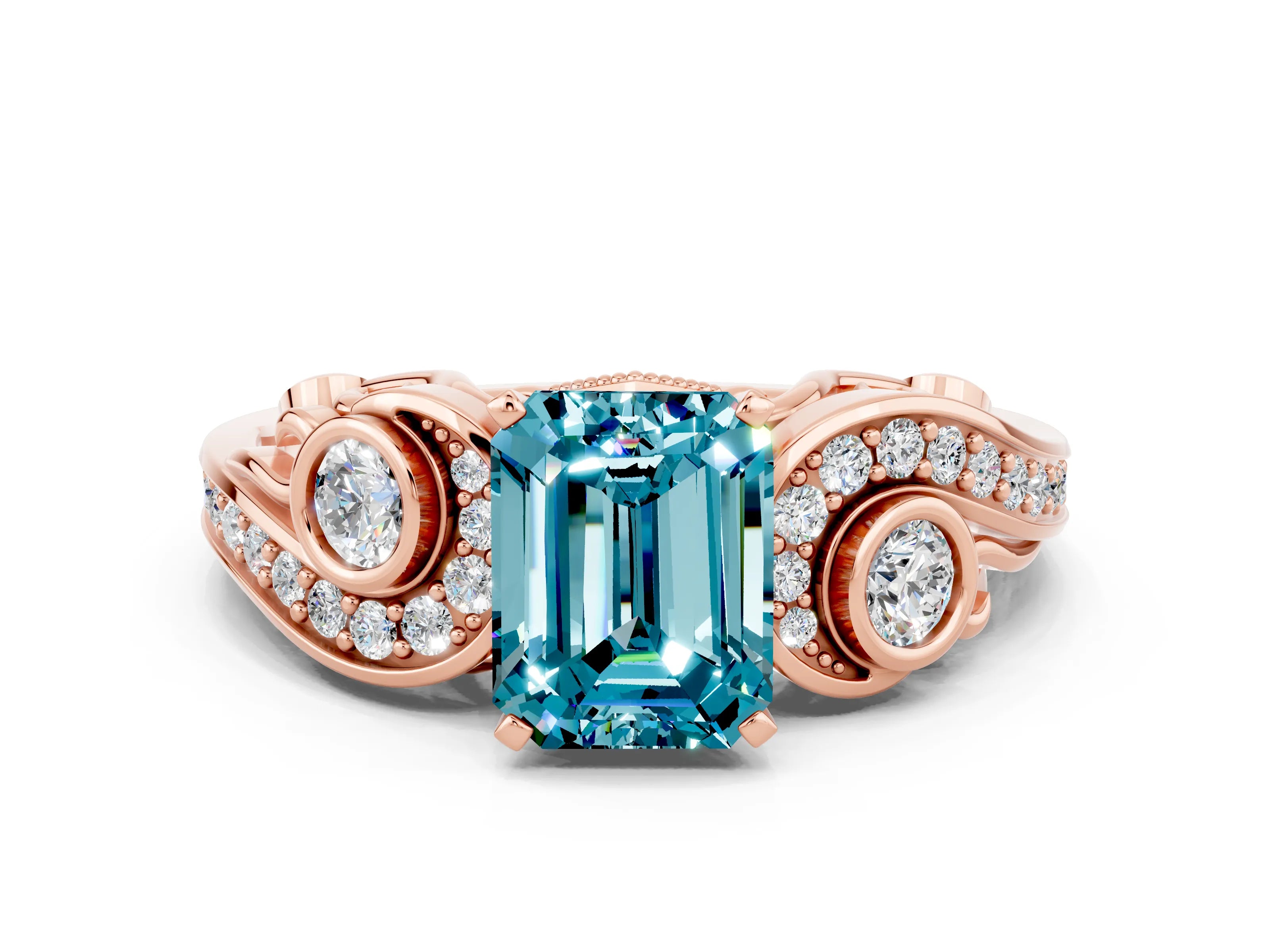 Rose gold Emerald Cut Blue Topaz Solitaire Ring with Milgrain Pavé Band and Four-Prong Setting_24