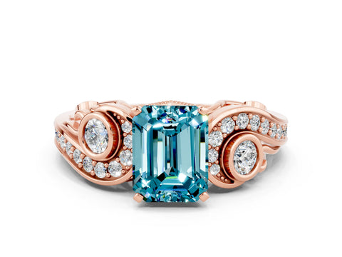 Rose gold Emerald Cut Blue Topaz Solitaire Ring with Milgrain Pavé Band and Four-Prong Setting_24