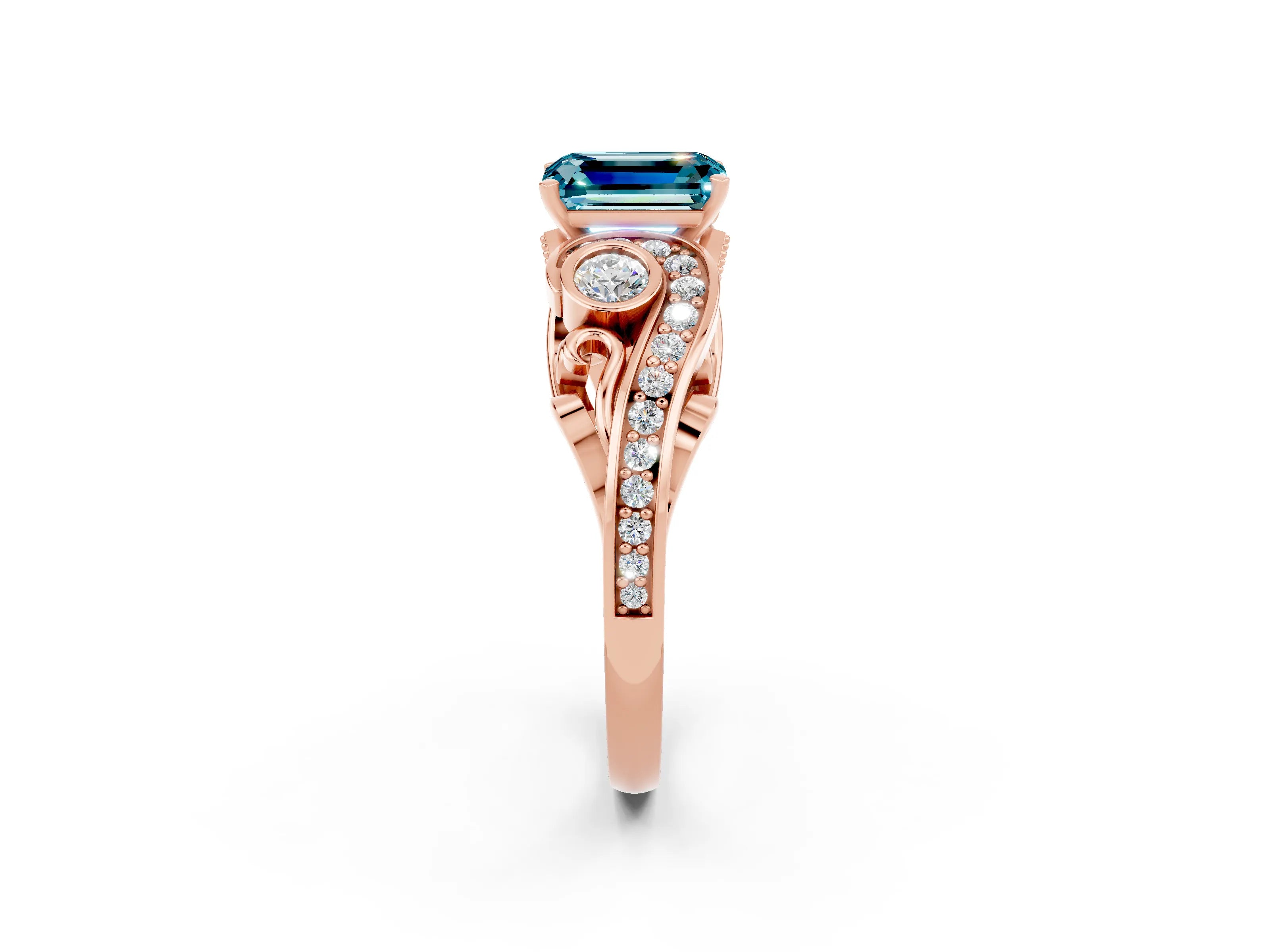 Rose gold Emerald Cut Blue Topaz Solitaire Ring with Milgrain Pavé Band and Four-Prong Setting_26